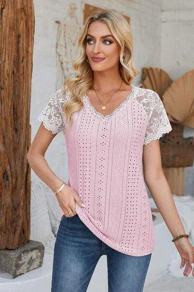 Eyelet V-Neck Lace Short Sleeve T-Shirt Blush Pink Women's T-Shirts - Tophatter Daily Deals